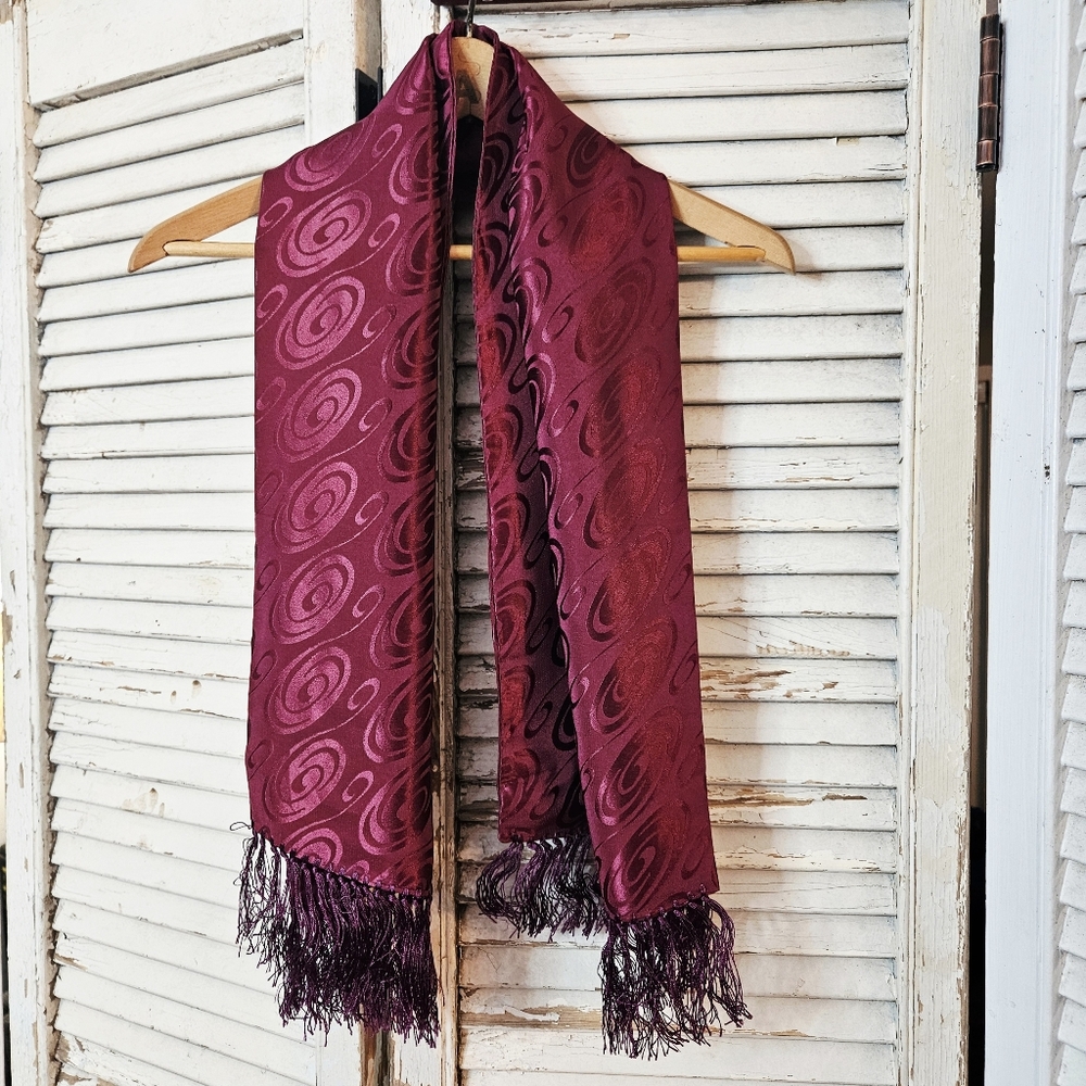 Vintage 1950s Burgundy Swirl Satin Scarf With Fringed Ends